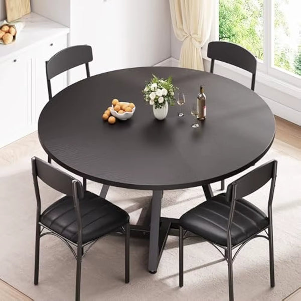 51“ round Kitchen Dining Room Table for 6-8, Circle Dining Dinner Table with Pedestal Metal Frame, Space Saving Wood Furniture