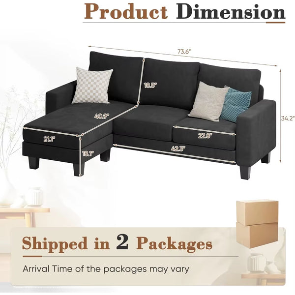 Sofa for Living Room, Couch with Convertible Chaise, 3 Seat L-Shaped Sofas, Comfy Fabric Couches for Apartment, Small Space, Da