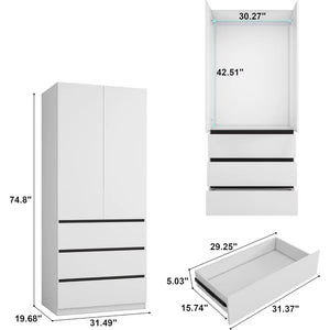 Wooden Wardrobe Closet with 2 Doors: 75" Bedroom Armoire Wardrobe Closet with 3 Drawers, White Cabinet with Hanging Shelves