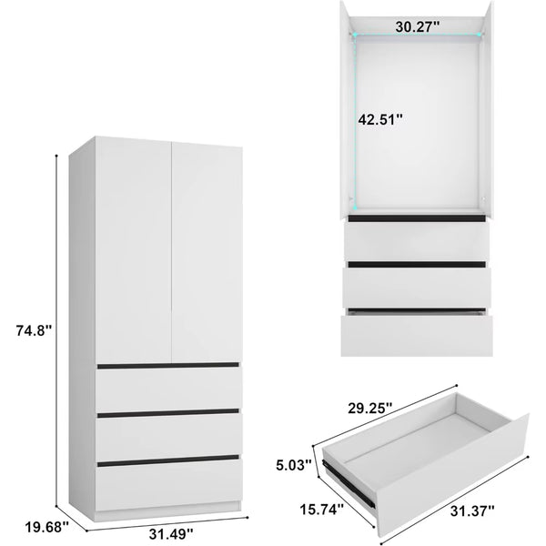 Wooden Wardrobe Closet with 2 Doors: 75" Bedroom Armoire Wardrobe Closet with 3 Drawers, White Cabinet with Hanging Shelves