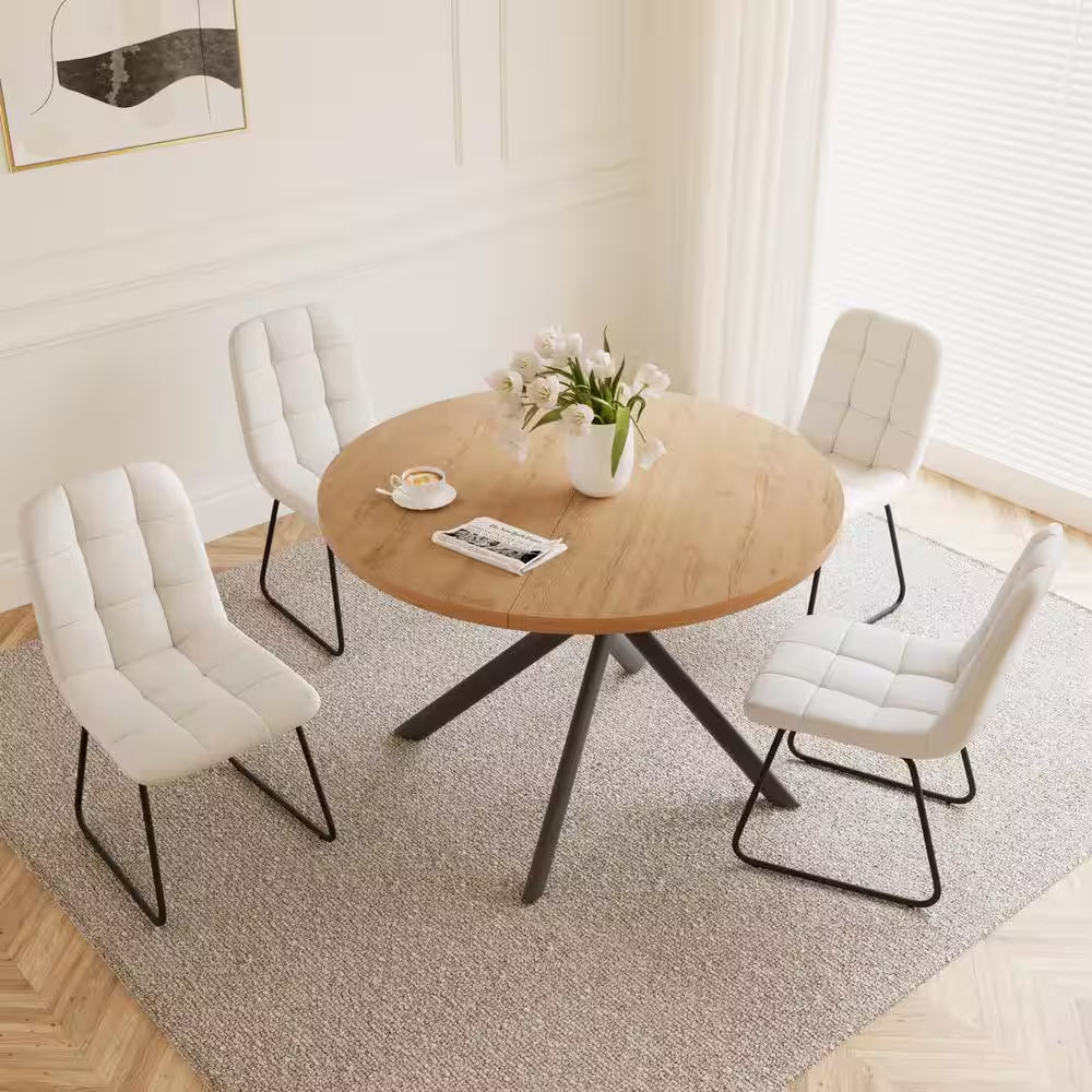 5-Piece White Chairs and round Dining Table, Dining Table Set with 4 PU Chairs