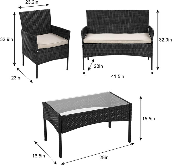 Patio Furniture 4 Pieces Outdoor Rattan Chair Conversation Sets Garden Wicker Sofa Balcony Bistro Sets with Loveseat for Yard Porch Poolside Backyard, Black