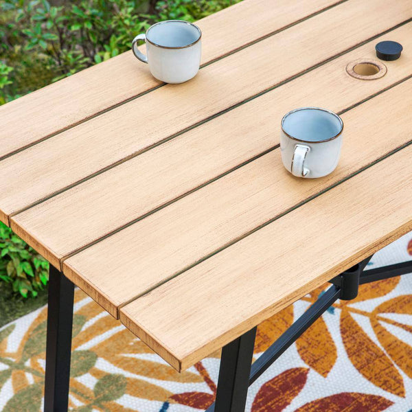 5-Piece Metal Outdoor Patio Bar Height Dining Set with Sling Swivel Chairs and Rectangle Brown Slat Tabletop