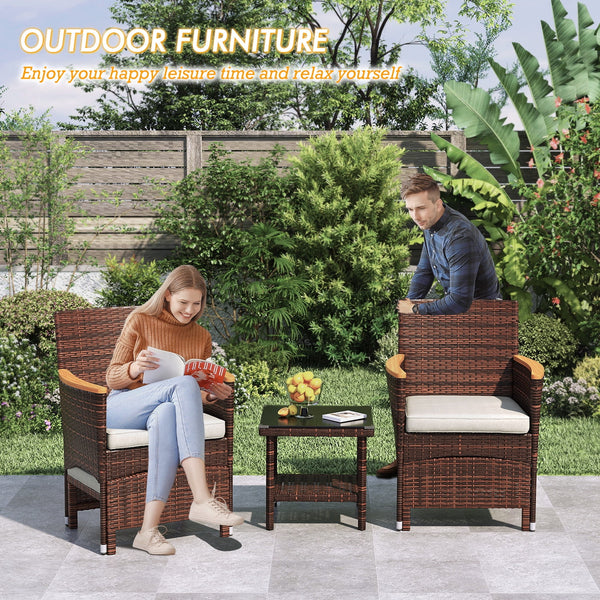 5 Piece Outdoor Patio Furniture Set with Table&Ottoman Outdoor Furniture Patio Set Bistro Wicker Patio Set (Brown Wicker&Khaki Cushion)