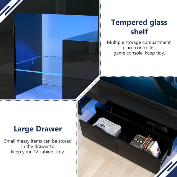 Glossy Led TV Stand Entertainment Center for 55 Inch TV, Modern TV & Media Console Table with Storage Drawer, Flat Screen TV Cabinet, Gaming Consoles for Living Room(63 Inch Black)