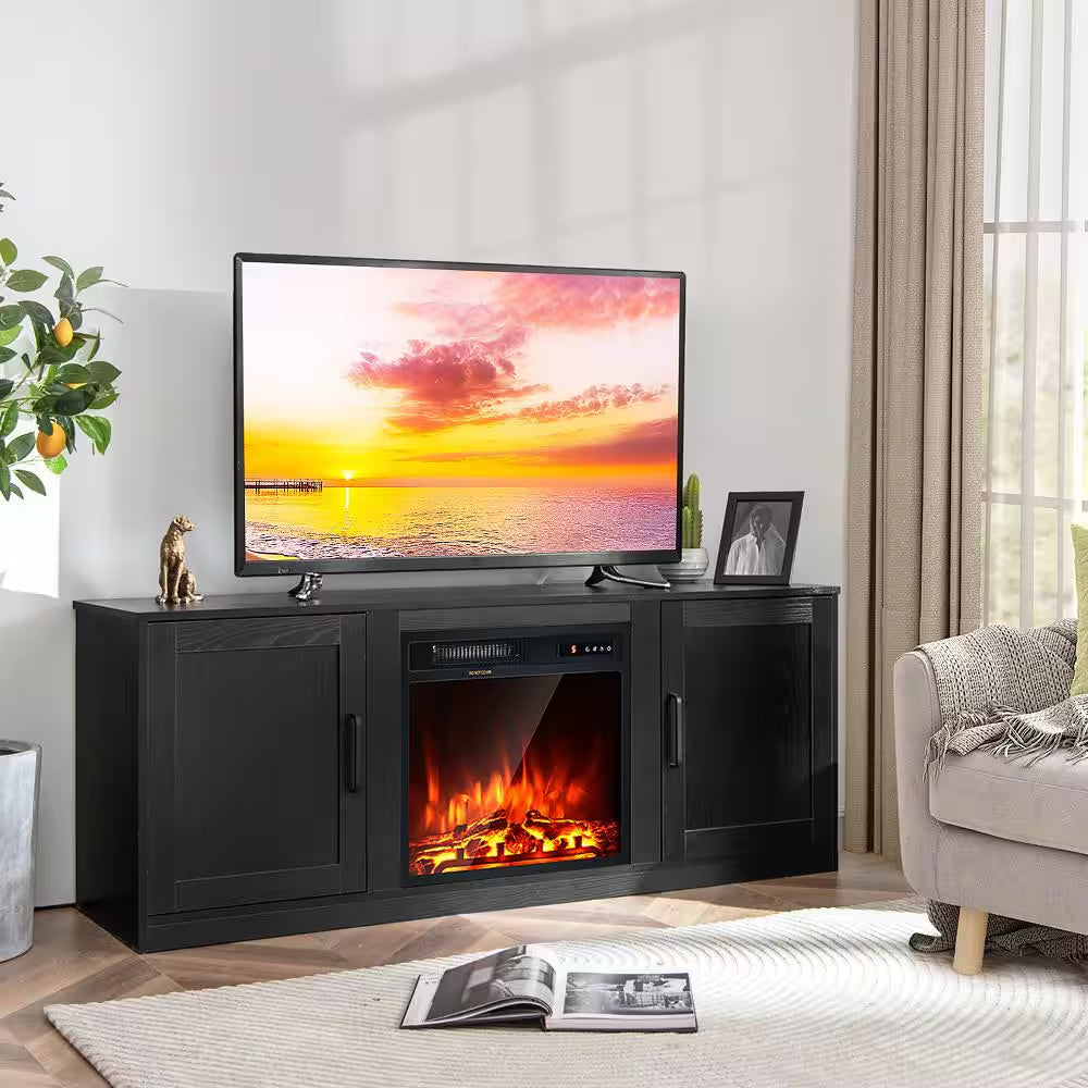 58 In. Freestanding Wood Electric Fireplace TV Stand Entertainment Console with 18'' Electric Fireplace in Black