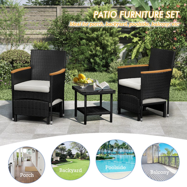 5 Piece Outdoor Patio Furniture Set with Table&Ottoman Outdoor Furniture Patio Set Bistro Wicker Patio Set of 2 Patio Conversation Sets for Porch Balcony Deck(Black Wicker&White Cushion)
