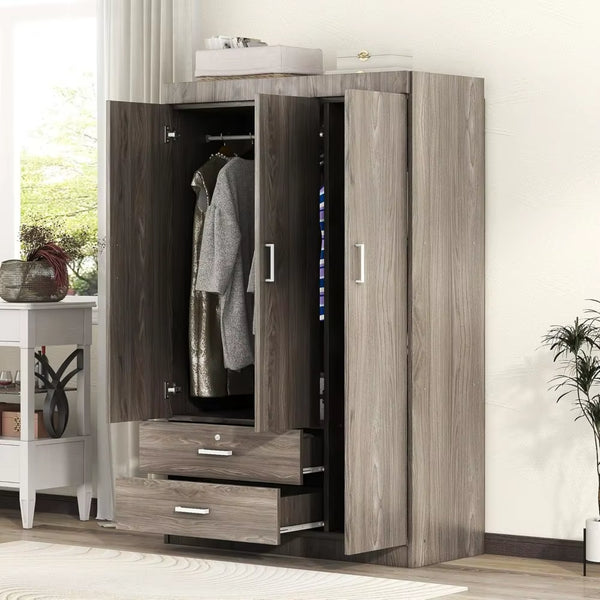 Modern 3-Door Wardrobe with 2 Drawers, Shelves and Hanging Rail, Freestanding Armoire Wardrobe Closet, Clothes Storage Cabinet