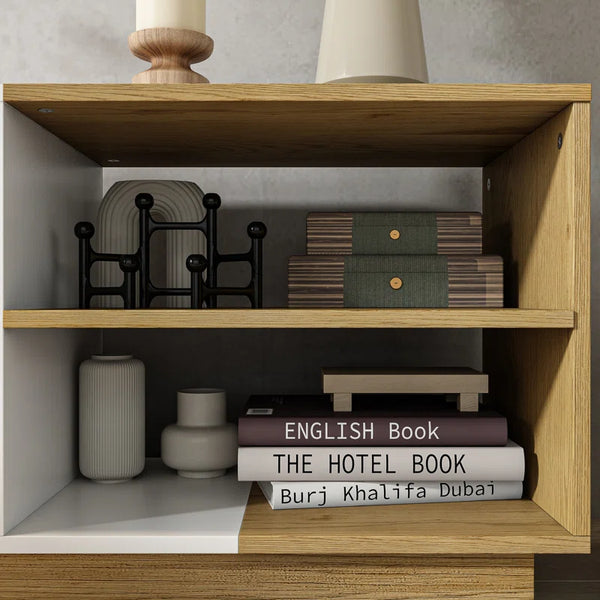 Arelene 94'' W Low-Profile TV Stand with Geometric Doors and Open Shelves, White and Oak Finish