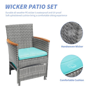 5 Piece Outdoor Patio Furniture Set with Table&Ottoman Outdoor Furniture Patio Set Bistro Wicker Patio Set of 2 Patio Conversation Sets for Porch Balcony Deck(Gray Wicker&Green Cushion)