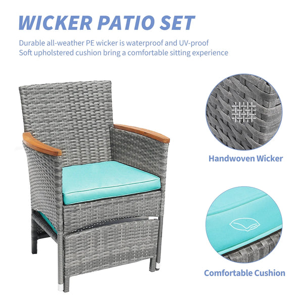 5 Piece Outdoor Patio Furniture Set with Table&Ottoman Outdoor Furniture Patio Set Bistro Wicker Patio Set of 2 Patio Conversation Sets for Porch Balcony Deck(Gray Wicker&Green Cushion)