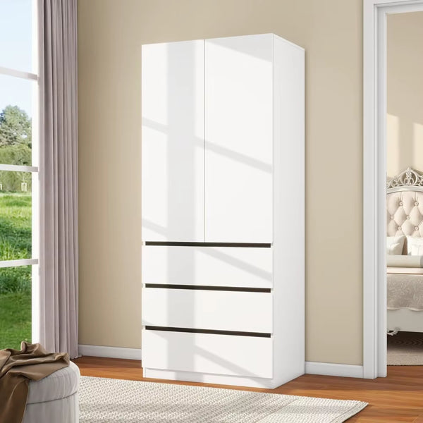 Wooden Wardrobe Closet with 2 Doors: 75" Bedroom Armoire Wardrobe Closet with 3 Drawers, White Cabinet with Hanging Shelves