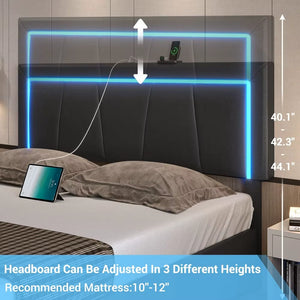 LED Bed Frame with 4 Drawers and USB Ports Modern Upholstered Platform Bed Frame with Storage Faux Leather Storage Bed