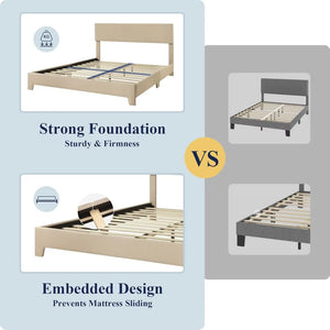 Bed Frame with Adjustable Headboard, Upholstered Platform Bed with Wood Slats, Heavy Duty Mattress Foundation, No Box Spring