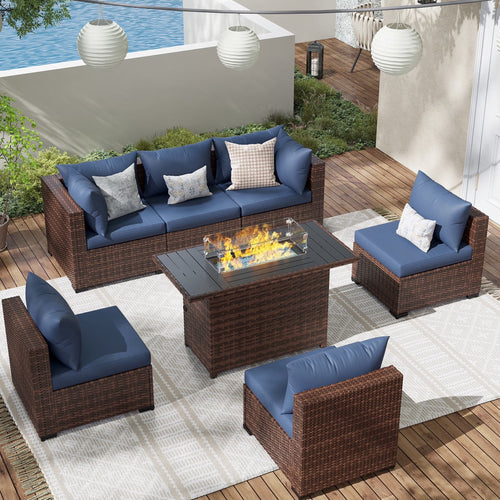 Patio Furniture Set, Outdoor Patio Furniturewicker Sectional Furniture Set, 7 Pieces Outdoor Sectional Sofa with Fire Pit Table, Outdoor Patio Furniture Set for Outdoor Furniture (Navy Blue)
