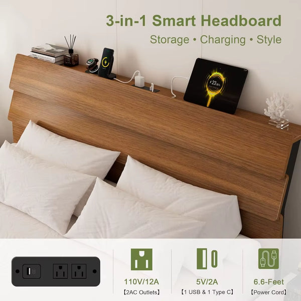 Feonase Floating Bed Frame King with Led Lights and Charging Station, Wood Full Size Bed Frame with Storage Headboard, Heavy Dut