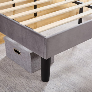 Upholstered Bed Frame Full Queen Platform with Headboard Footboard Wooden Slat