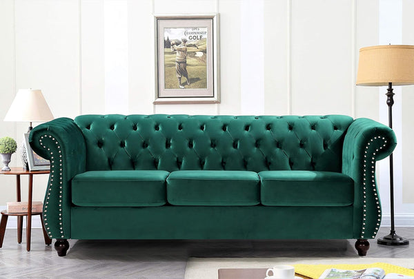 Feinstein Modern Velvet Chesterfield Couches for Living Room with Nailheads, Diamond Tufting & Durable Metal Frame, Chair, Loveseat & Sofa, Green