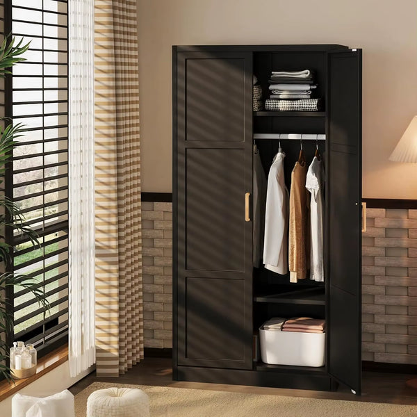 Metal Storage Cabinet with Hanging Rail, Black Armoire Wardrobe Closet with 2 Doors,72" H Storage Closet Cabinets