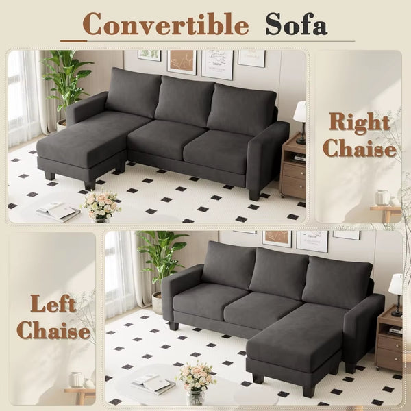 Sofa for Living Room, Couch with Convertible Chaise, 3 Seat L-Shaped Sofas, Comfy Fabric Couches for Apartment, Small Space, Da
