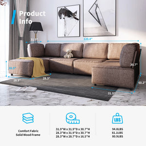 Sectional Couch/Futon Sofa Bed, Variable Modular Oversized Couch, U/L Shaped Couch and Queen Sleeper Sofa, Convertible Sofa Set for Living Room, Furniture for Living Room,Brown