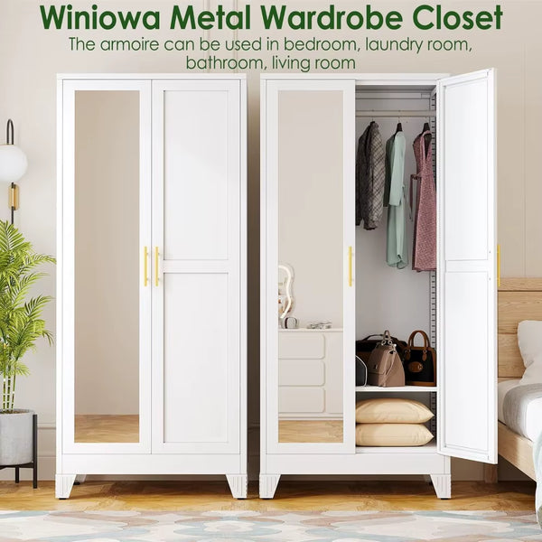 Metal Armoire Wardrobe W/2 Mirror Door, with Adjustable Shelves and Hanging Rod 71"' Wardrobe Cabinet, Wardrobes