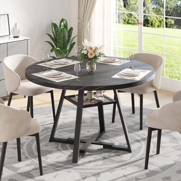 round Dining Table, 43'' Faux Marble Dining Table with Storage Shelf, Circle Dining Table for Dining Room, Modern Kitchen Table for 4 People, Black(Only Table)
