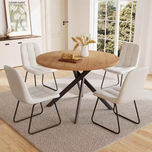 5-Piece White Chairs and round Dining Table, Dining Table Set with 4 PU Chairs