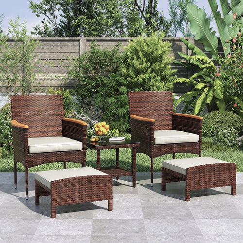 5 Piece Outdoor Patio Furniture Set with Table&Ottoman Outdoor Furniture Patio Set Bistro Wicker Patio Set (Brown Wicker&Khaki Cushion)