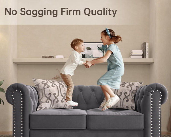 2 Piece Classic Chesterfield 3-Seater Set, Tufted Chair & Loveseat Furniture Solid Wood Legs Thick Cushion, Pet-Friendly Couch Set for Living Room Bedroom Apartment, Velvet Grey