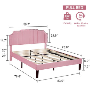 Upholstered Bed Frame Full Queen Platform with Headboard Footboard Wooden Slat