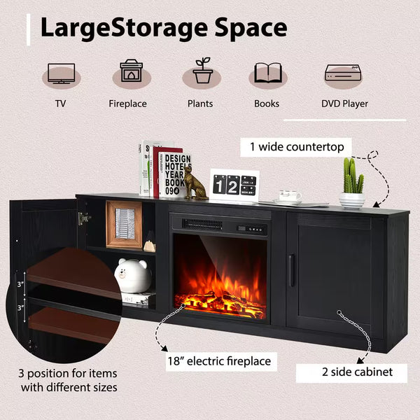 58 In. Freestanding Wood Electric Fireplace TV Stand Entertainment Console with 18'' Electric Fireplace in Black