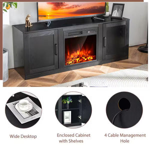 58 In. Freestanding Wood Electric Fireplace TV Stand Entertainment Console with 18'' Electric Fireplace in Black