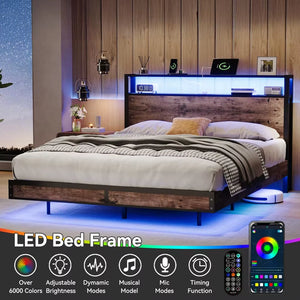 Queen Size Bed Frame with Storage Headboard, Sturdy Metal Platform Bed Frame with LED Lights and Charging Station, Easy Assembly