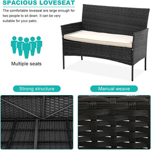Patio Furniture 4 Pieces Outdoor Rattan Chair Conversation Sets Garden Wicker Sofa Balcony Bistro Sets with Loveseat for Yard Porch Poolside Backyard, Black