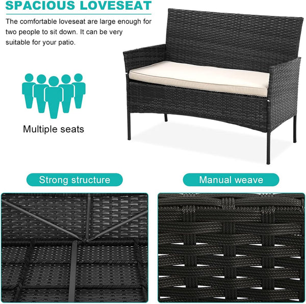 Patio Furniture 4 Pieces Outdoor Rattan Chair Conversation Sets Garden Wicker Sofa Balcony Bistro Sets with Loveseat for Yard Porch Poolside Backyard, Black