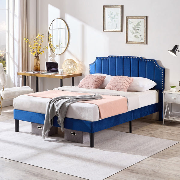 Upholstered Bed Frame Full Queen Platform with Headboard Footboard Wooden Slat