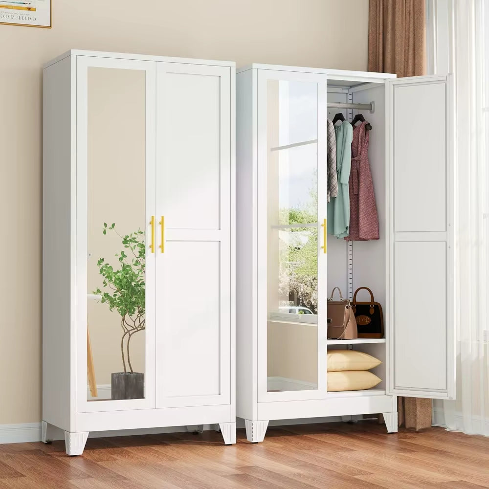 Metal Armoire Wardrobe W/2 Mirror Door, with Adjustable Shelves and Hanging Rod 71"' Wardrobe Cabinet, Wardrobes