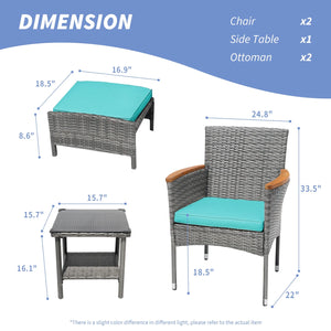 5 Piece Outdoor Patio Furniture Set with Table&Ottoman Outdoor Furniture Patio Set Bistro Wicker Patio Set of 2 Patio Conversation Sets for Porch Balcony Deck(Gray Wicker&Green Cushion)