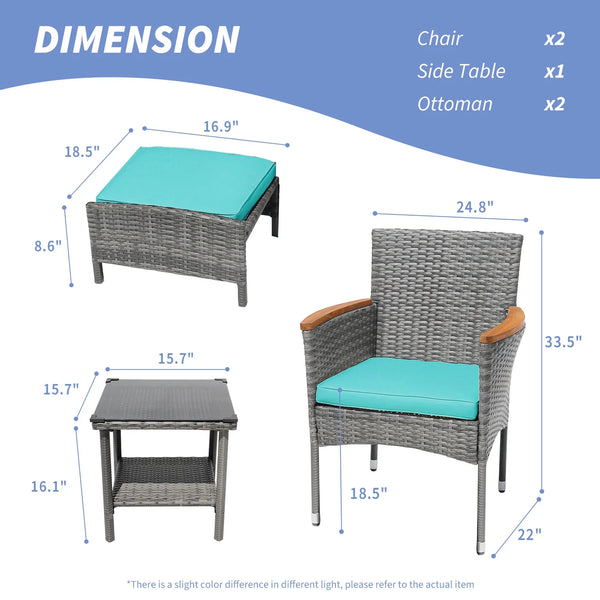 5 Piece Outdoor Patio Furniture Set with Table&Ottoman Outdoor Furniture Patio Set Bistro Wicker Patio Set of 2 Patio Conversation Sets for Porch Balcony Deck(Gray Wicker&Green Cushion)