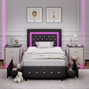 Queen Bed Frame with LED Lights, Upholstered Bed Frame with Storage Drawers, Modern Platform Bed with Diamond Headboard and Foot