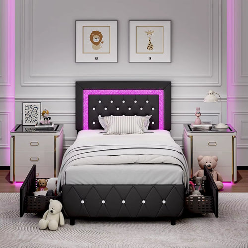 Queen Bed Frame with LED Lights, Upholstered Bed Frame with Storage Drawers, Modern Platform Bed with Diamond Headboard and Foot